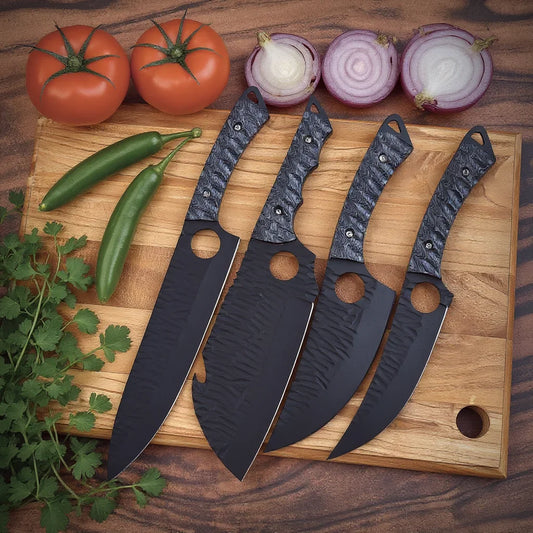 High-quality image of 4 pieces carbon steel knife chef set with striated black wood handle and leather portfolio