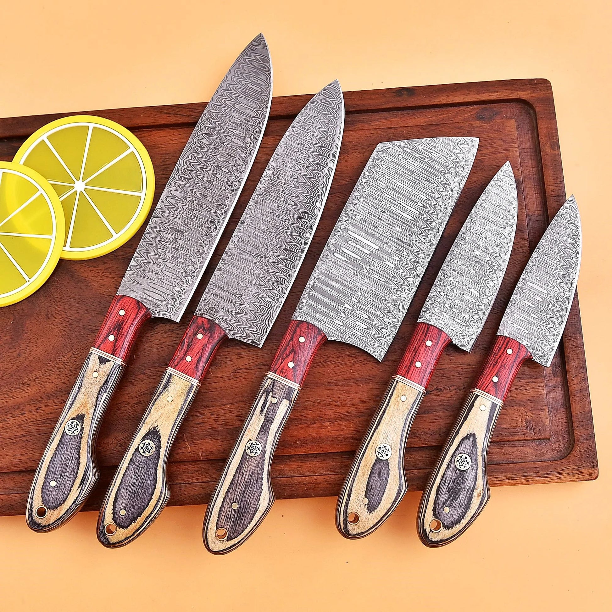 High-quality image of 5 pieces handmade damascus steel knife chef set with rose wood bolster, distressed wood handle and leather roll