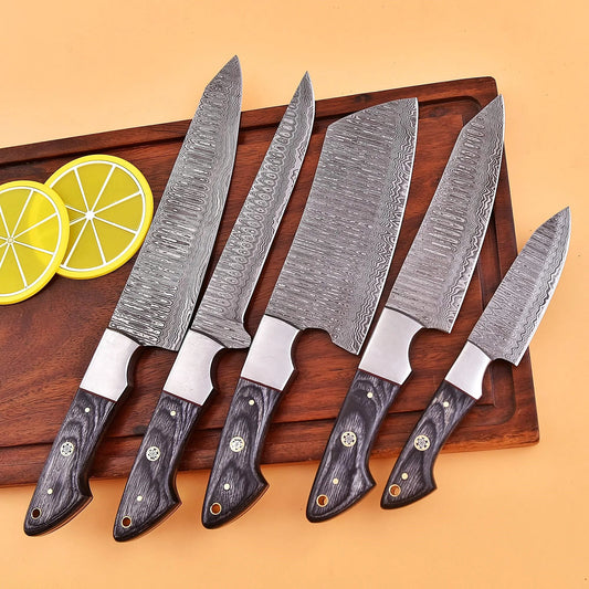 High-quality image of 5 pieces handcrafted damascus steel knife chef set with steel bolster, black wood handle and leather cullinary roll