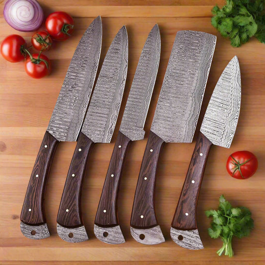 High-quality image of 5 pieces handcrafted custom full tang damascus steel knife chef set with wenge wood handle and leather knife carrying roll