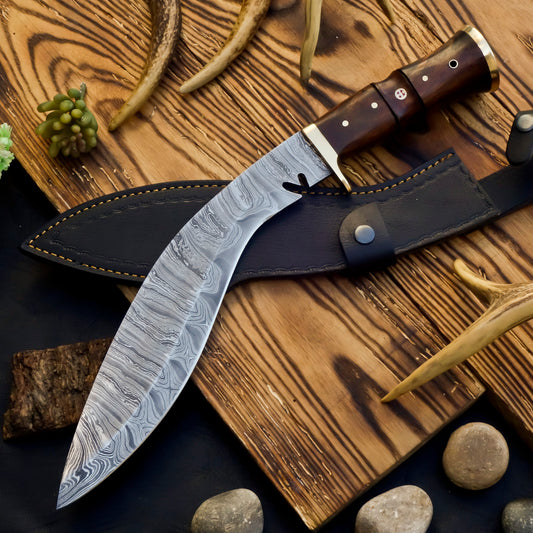 King's Courage Kukri Knife by Shard Blade – Damascus Steel with Rosewood Handle and Leather Sheath