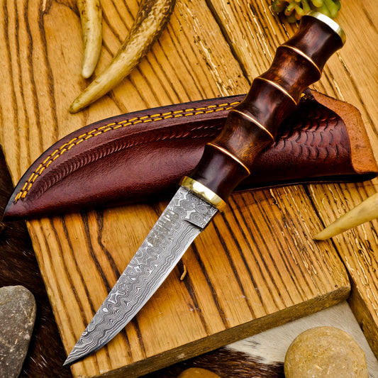 Jungle Talon Damascus Knife – Rosewood Handle with Brass Frame and Leather Sheath by Shard Blade