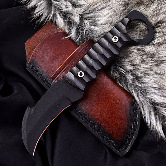 Shadow Hook Tactical Knife – Hawkbill Black Damascus Blade with Stag Handle and Leather Sheath by Shard Blade
