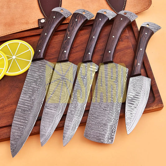 Shard Blade™ Ember Forge – 5-Piece Damascus Chef Knife Set with Wengé Wood Handles and Leather Roll