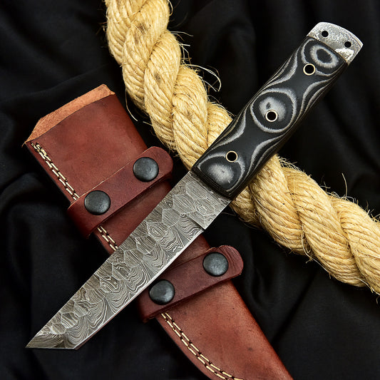 Oculus Fang Damascus Tanto Knife with Micarta Handle and Leather Sheath by Shard Blade