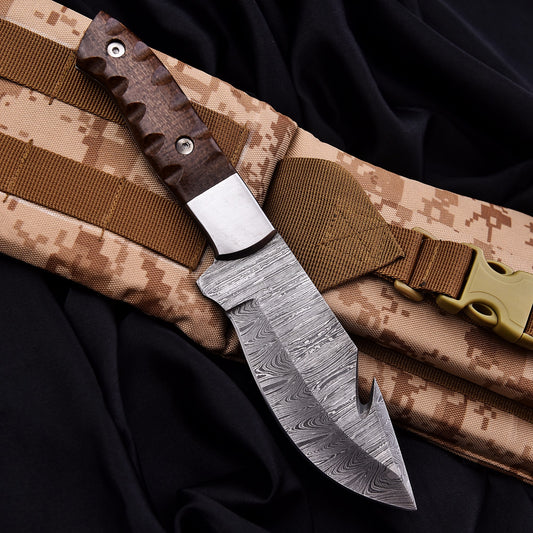 Desert Fang Damascus Survival Knife with Gut Hook and Dark Wood Handle by Shard Blade
