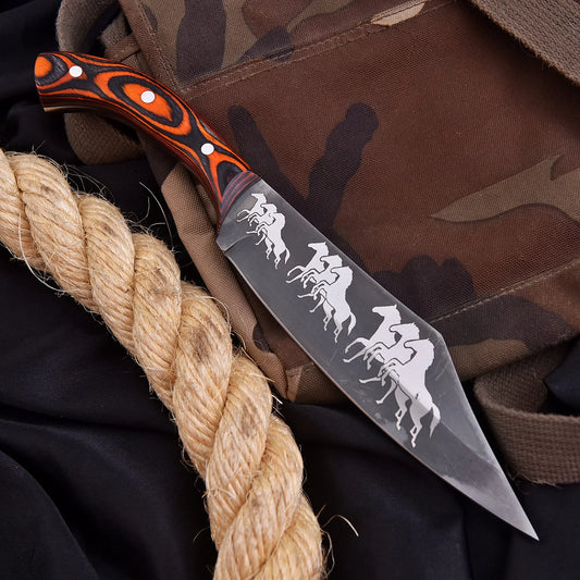 High-quality image of beautiful 1095 carbon steel clever kitchen knife with orange & black wood handle and leather carrying case