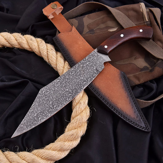 High-quality image of beautiful 1095 carbon steel clever kitchen knife with black & white pattern on blade with rose wood handle and leather carrying case