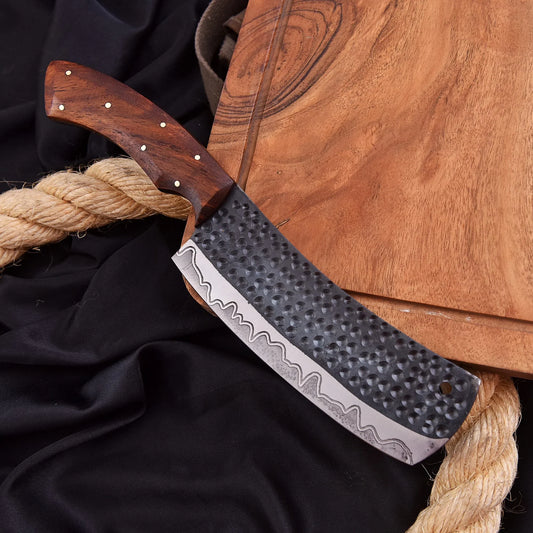 High-quality image of beautiful 1095 carbon steel hand forged clever chef kitchen knife with rose wood handle and leather carrying case