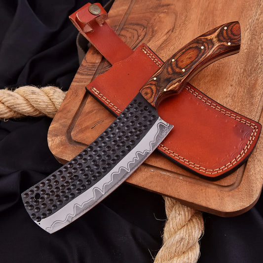 High-quality image of beautiful 1095 carbon steel hand forged clever chef kitchen knife with natural wood handle and leather carrying case