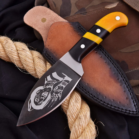 High-quality image of handmade custom carbon steel yellow black wasp freddy skinner with beautiful polished resin & mcarta and leather carrying case