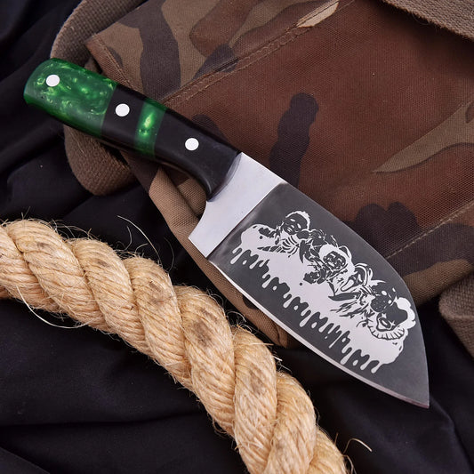 High-quality image of beautiful carbon steel bloody clever with green black resin smooth finished handle and leather carrying case