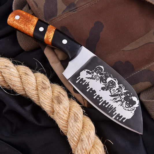 High-quality image of beautiful carbon steel bloody clever with carmel black resin smooth finished handle and leather carrying case
