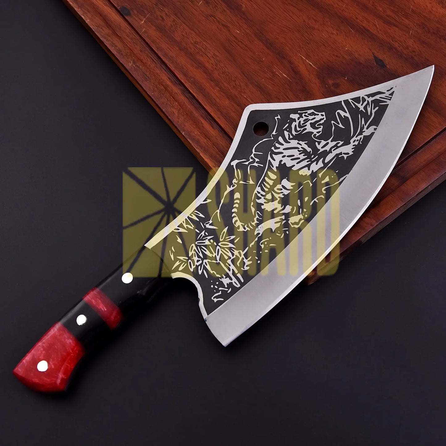 Shard Blade™ Tiger’s Roar — Hand-Forged Carbon Steel Cleaver Knife with Leather Sheath