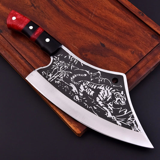 High-quality image of beautiful carbon steel tiger clever with red black resin smooth finished handle and leather carrying case