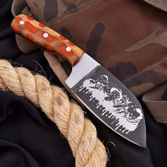 High-quality image of beautiful carbon steel bloody clever with natural wood orange resin smooth finished handle and leather carrying case