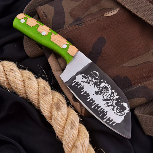 High-quality image of beautiful carbon steel bloody clever with natural wood green resin smooth finished handle and leather carrying case