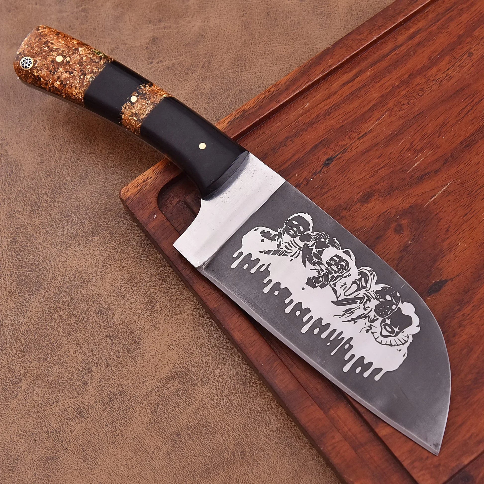 Butcher’s Wrath Skinner by Shard Blade – 1095 Carbon Steel Knife with Halloween Villain Etching and Resin Handle