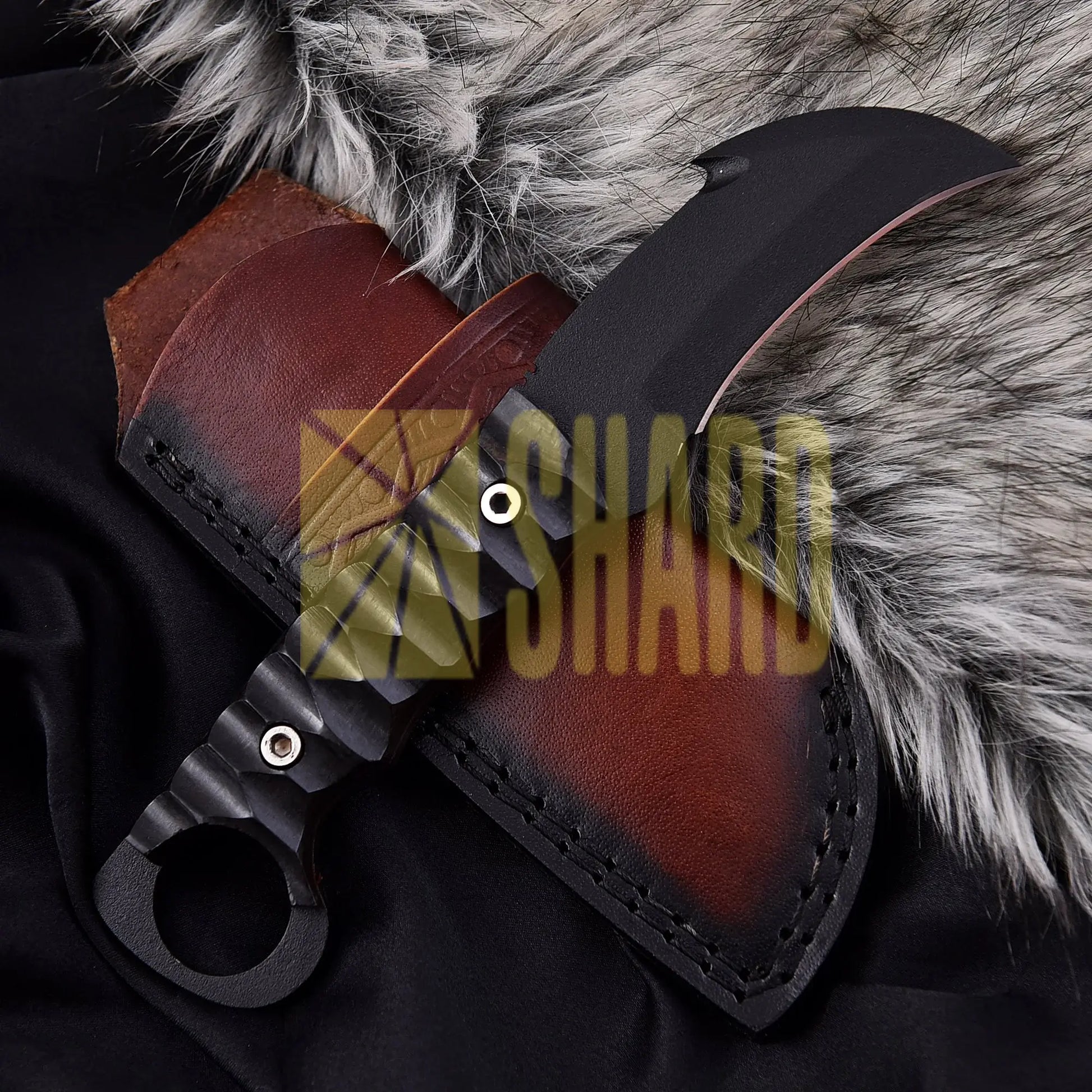 Shadowcrest Damascus Stag Knife with 9-inch curved blade, stag handle, and rear ring