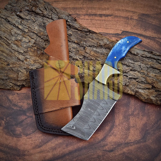 Shard Blade Rhino Tanto – 8’’ Handmade Custom Damascus Steel Cleaver with Blue Dyed Bone Handle
