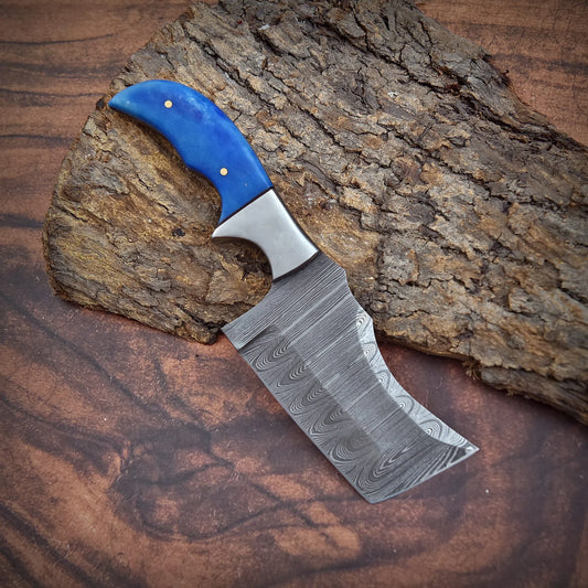 High-quality image of 8’’ handmade custom damascus steel rhino clever bottle opener tanto blade with blue dyed bone and leather case
