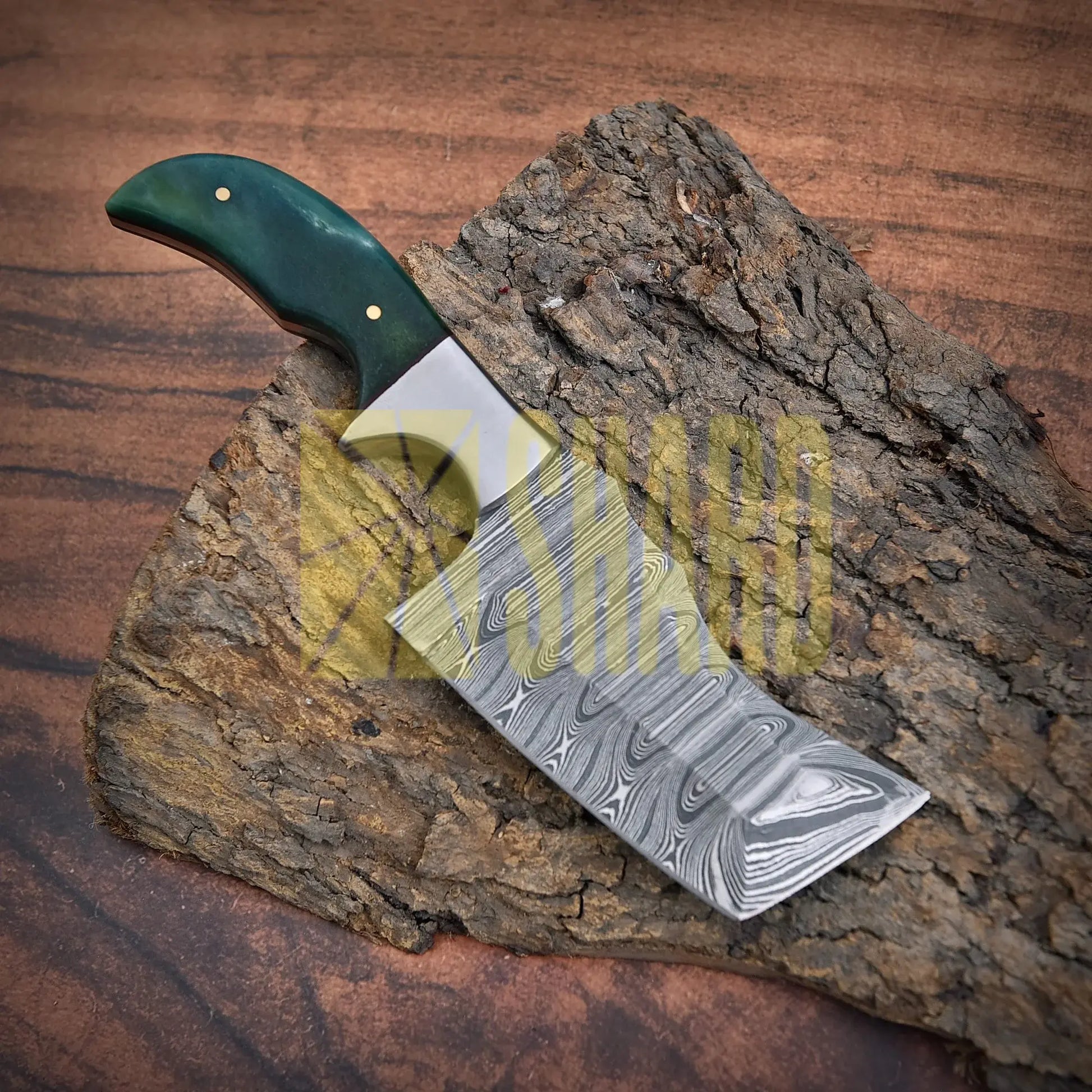 High-quality image of 8’’ handmade custom damascus steel rhino clever bottle opener tanto blade with green dyed bone and leather case