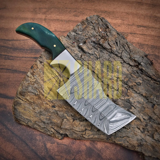 High-quality image of 8’’ handmade custom damascus steel rhino clever bottle opener tanto blade with green dyed bone and leather case