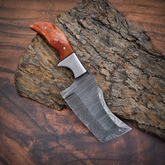 High-quality image of 8’’ handmade custom damascus steel rhino clever bottle opener tanto blade with distressed caramel dyed bone and leather case