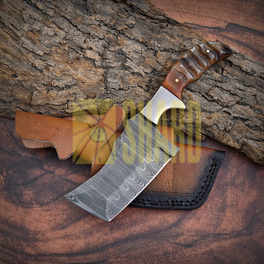Shard Blade Rhino Tanto – 8’’ Handmade Custom Damascus Steel Cleaver with Natural Wood Handle