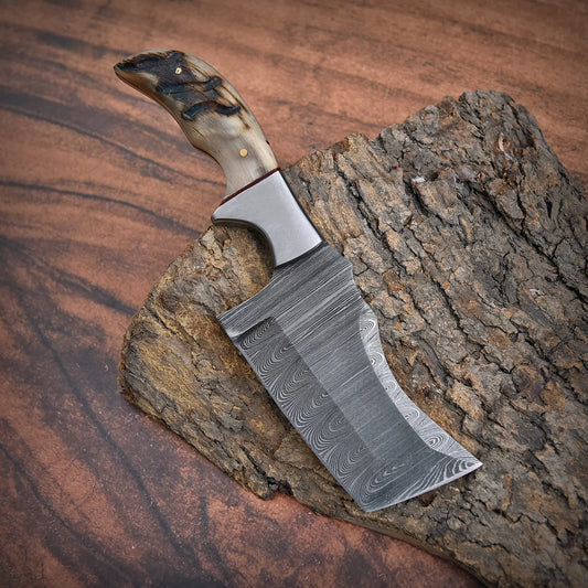 High-quality image of 8’’ handmade custom damascus steel rhino clever bottle opener tanto blade with striated natural wood and leather case