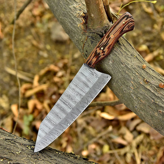 High-quality image of 12” handmade custom damascus steel chef knife with natural wood handle
