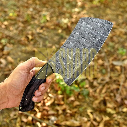 Shard Blade Vanguard – 12” Hand-Forged Hammered Cleaver with Natural Black Wood Handle
