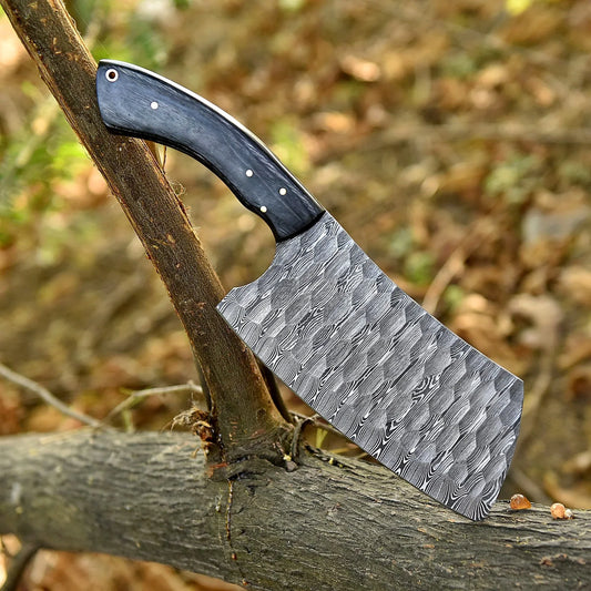 High-quality image of 12” handmade custom damascus steel hand forged hammered clever with natural black wood handle