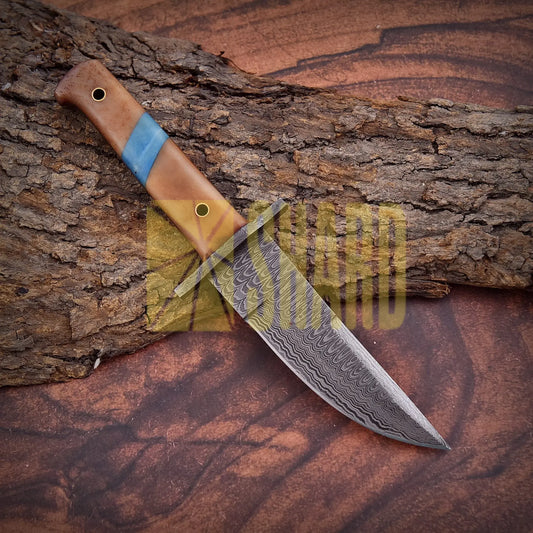 Storm Shade – 9” Custom Damascus Skinner Knife with Blue and Brown Dyed Bone Handle & Leather Sheath