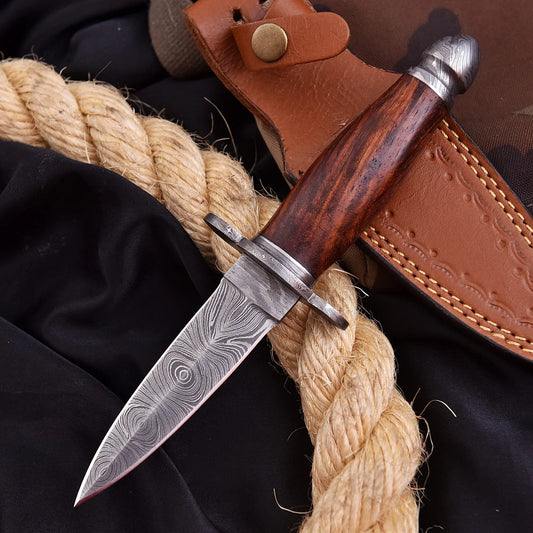 High-quality image of 9’’ handmade custom damascus steel boot dagger with exotic rose wood handle and damascus steel pommel with leather case