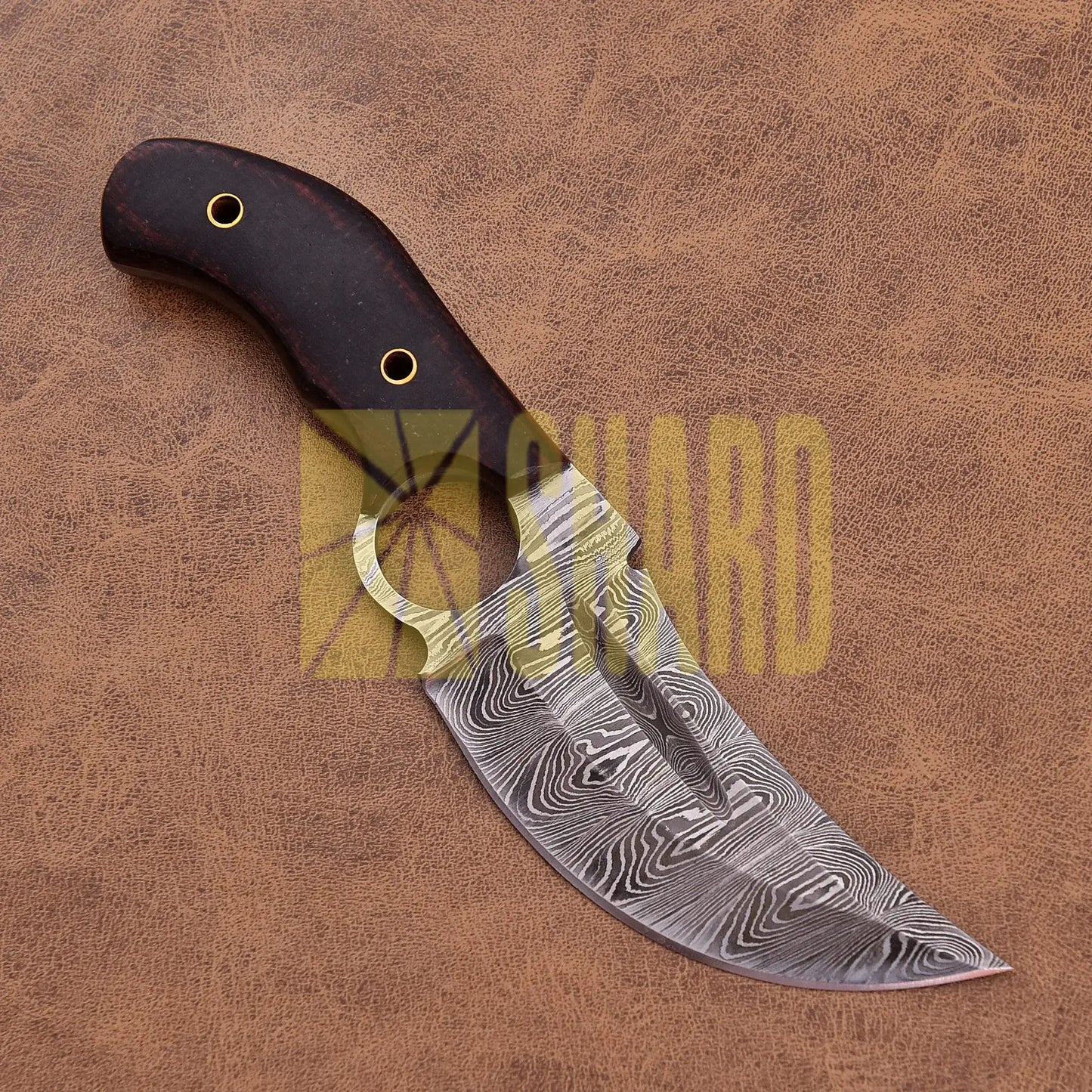 Shard Blade “Rainfall Skiver” Skinner — Damascus Steel with Dark Micarta Handle, Thumb Stud & Ring