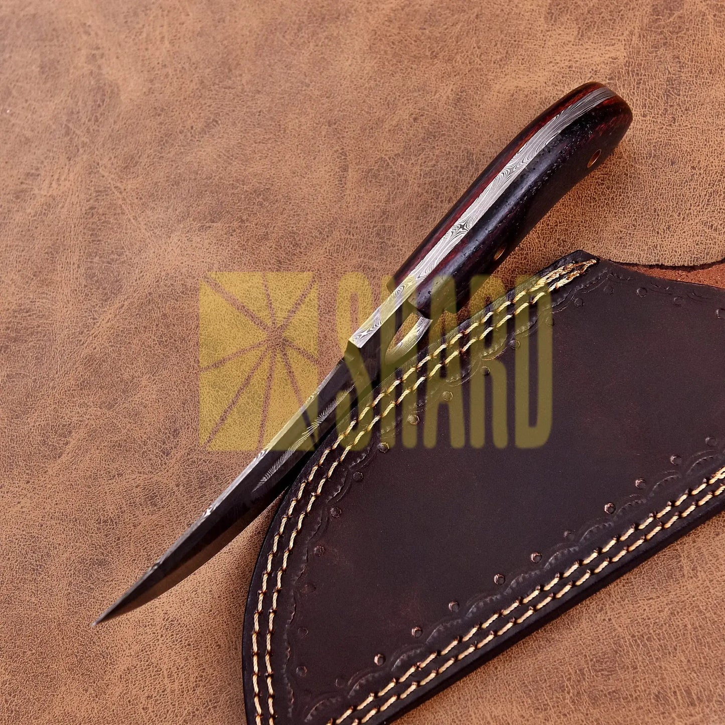 Shard Blade “Rainfall Skiver” Skinner — Damascus Steel with Dark Micarta Handle, Thumb Stud & Ring