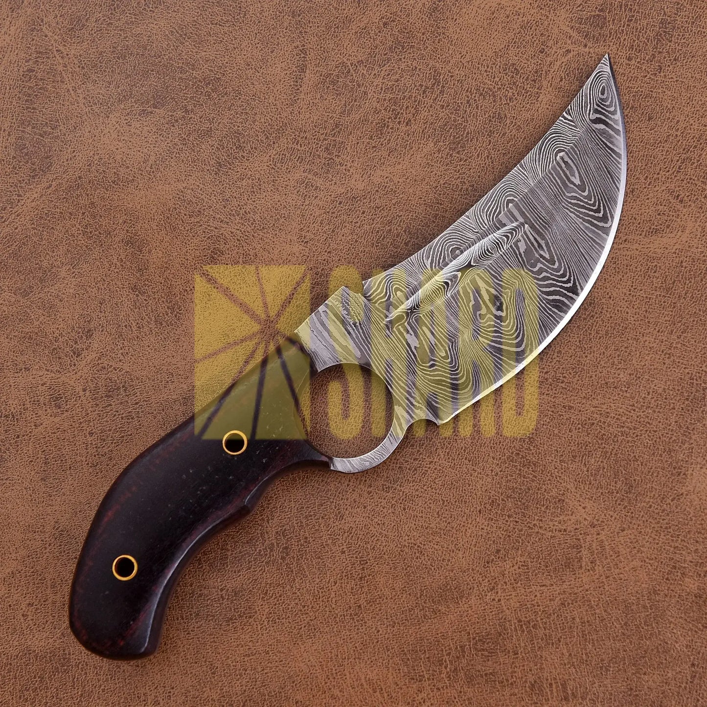 Shard Blade “Rainfall Skiver” Skinner — Damascus Steel with Dark Micarta Handle, Thumb Stud & Ring