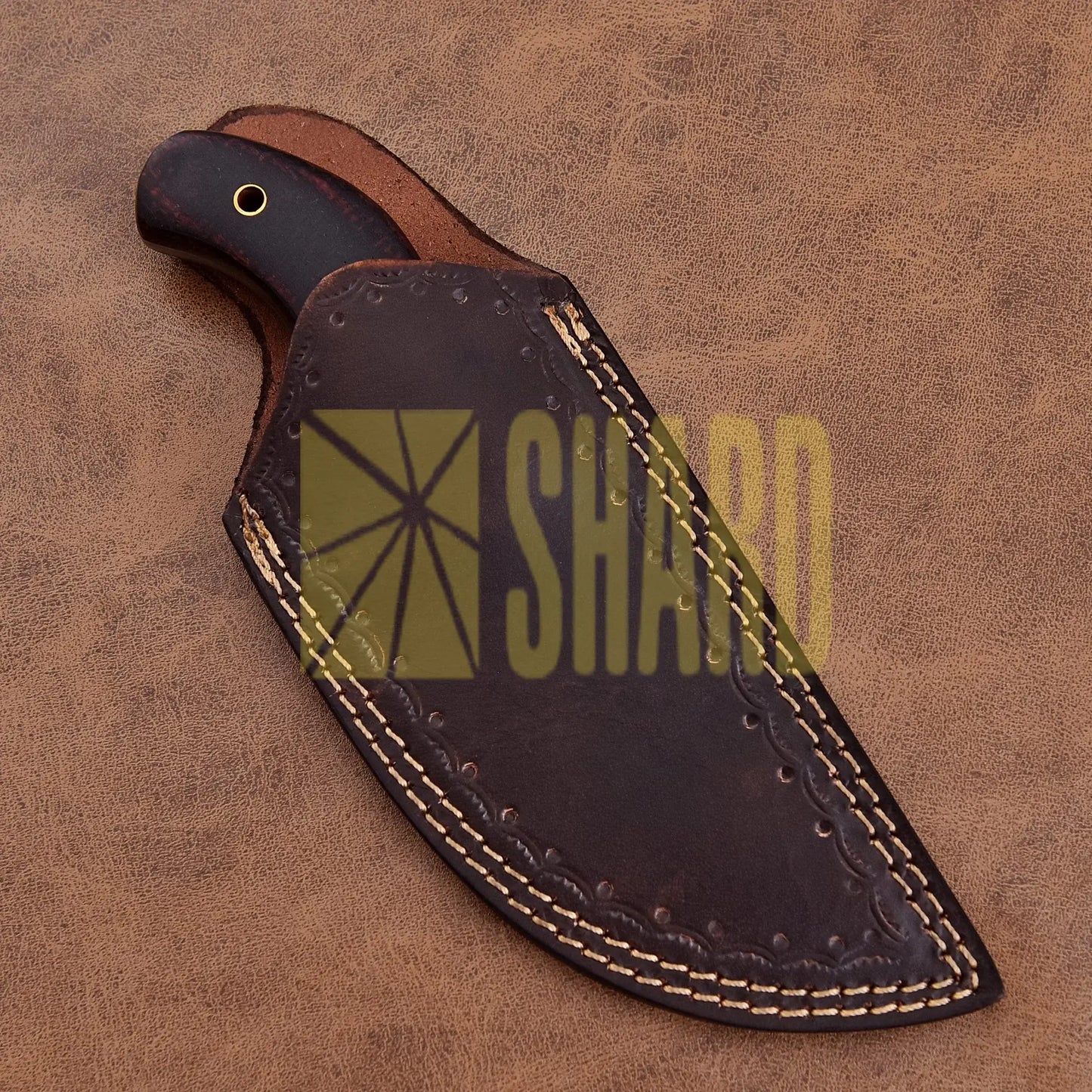 Shard Blade “Rainfall Skiver” Skinner — Damascus Steel with Dark Micarta Handle, Thumb Stud & Ring