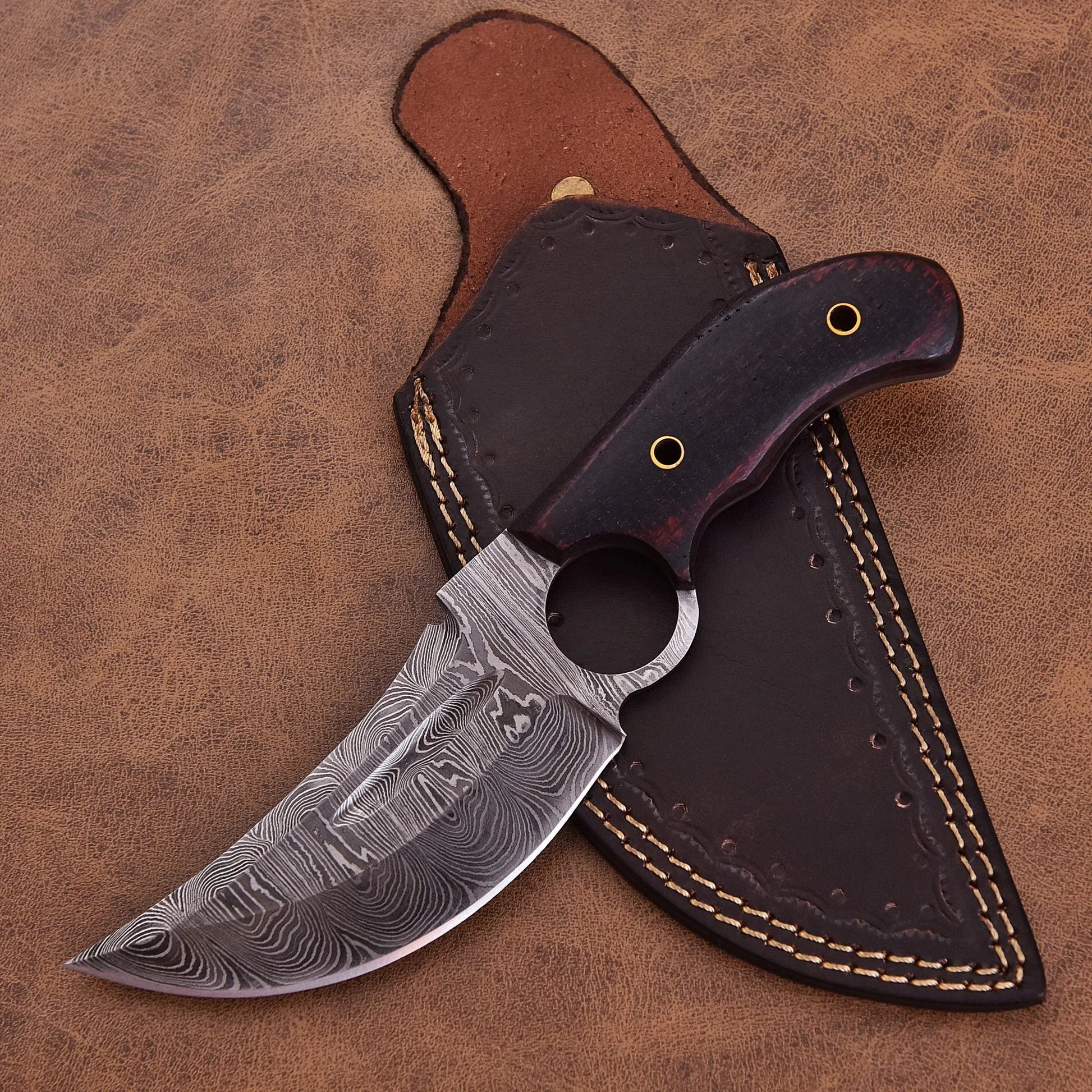 Shard Blade Rainfall Skiver — Damascus Steel Skinner with Raindrop Pattern and Dark Micarta Handle, Thumb Stud & Ring