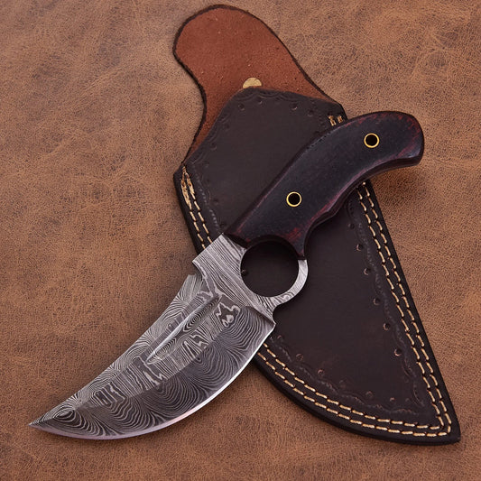 Shard Blade Rainfall Skiver — Damascus Steel Skinner with Raindrop Pattern and Dark Micarta Handle, Thumb Stud & Ring