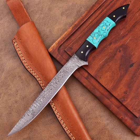 Shard Blade Sea Whisper Damascus Steel Fillet Knife with Black Resin and Sea Green handle