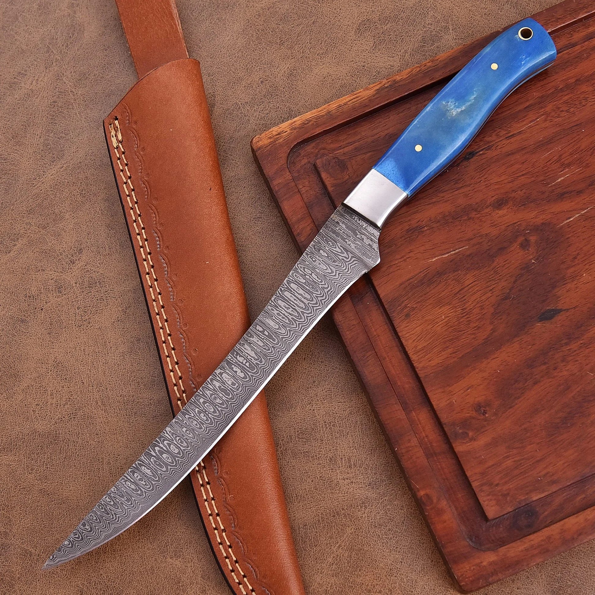 Shard Blade Skywave Damascus Steel Fillet Knife with sky-blue dyed bone handle and raindrop pattern blade