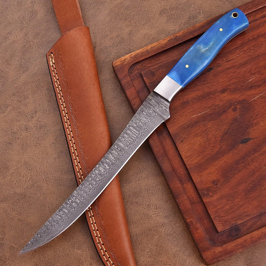 Shard Blade Skywave Damascus Steel Fillet Knife with sky-blue dyed bone handle and raindrop pattern blade