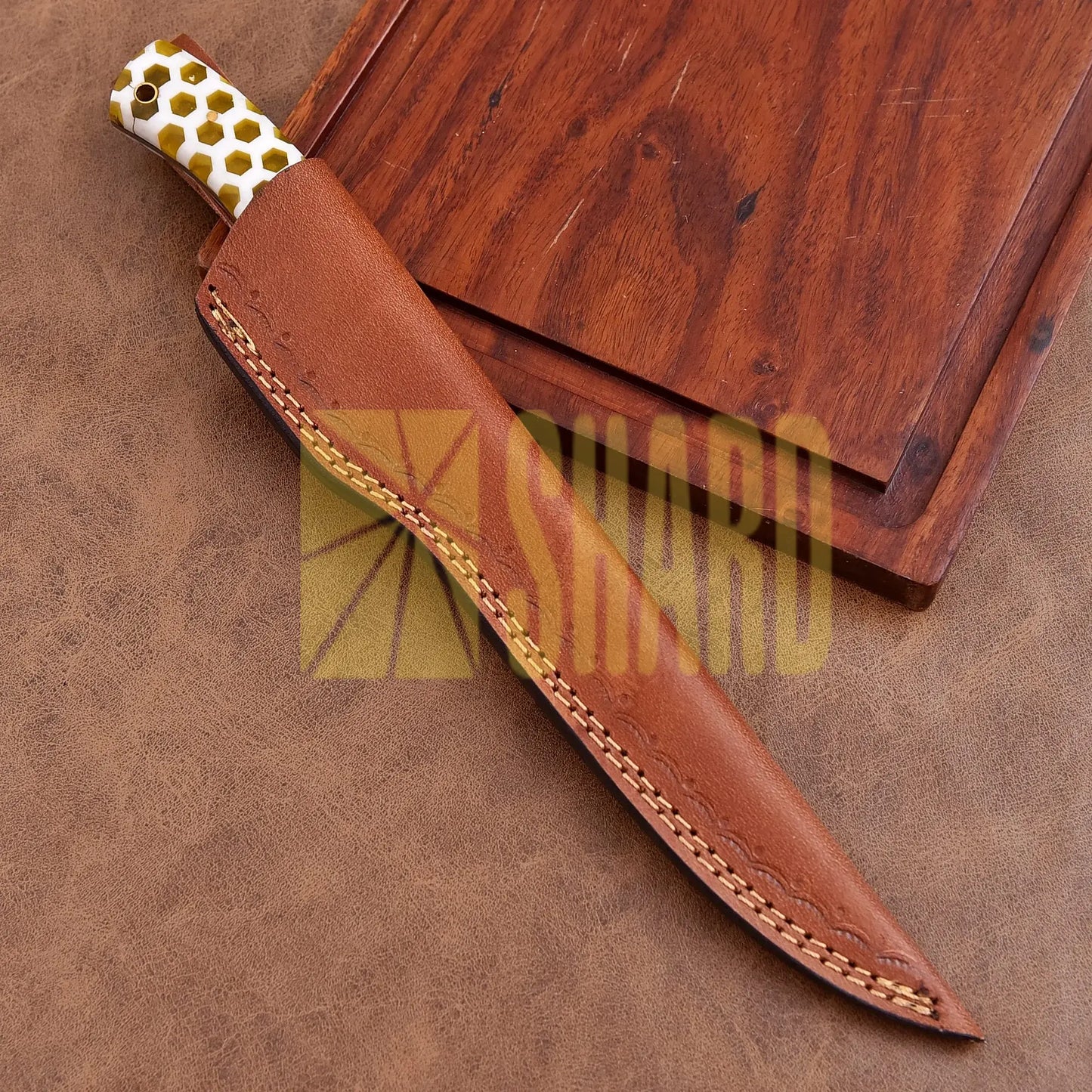 Shard Blade “Golden Hive” Damascus Steel Fillet Knife – Full Tang, Rain Drop Pattern Blade