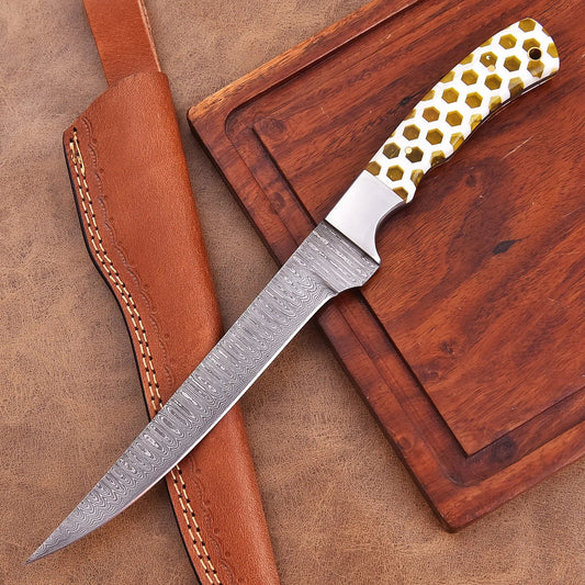 Golden Hive Damascus Steel Fillet Knife with white and honey honeycomb handle and rain drop patterned blade – Shard Blade