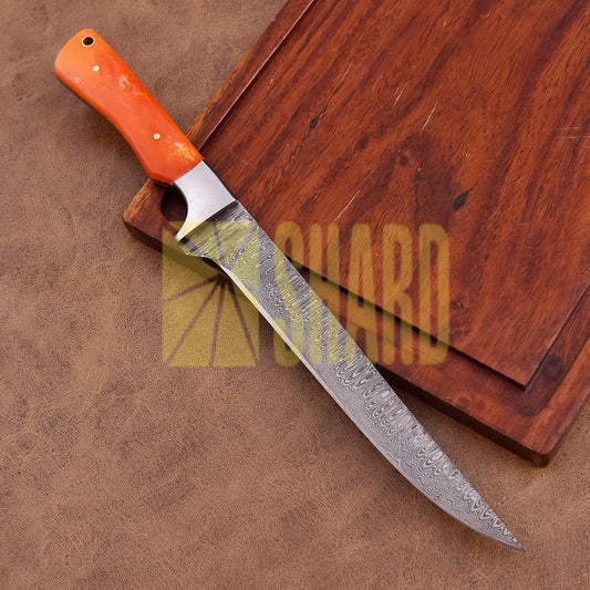 Shard Blade “Sunfire Fillet” – Full Tang Damascus Steel Fillet Kitchen Knife with Steel Bolster & Orange Dyed Bone Handle