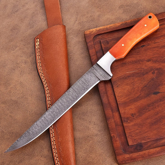Shard Blade Damascus Fillet Knife with natural dyed bone and sea green handle, rain drop pattern blade.