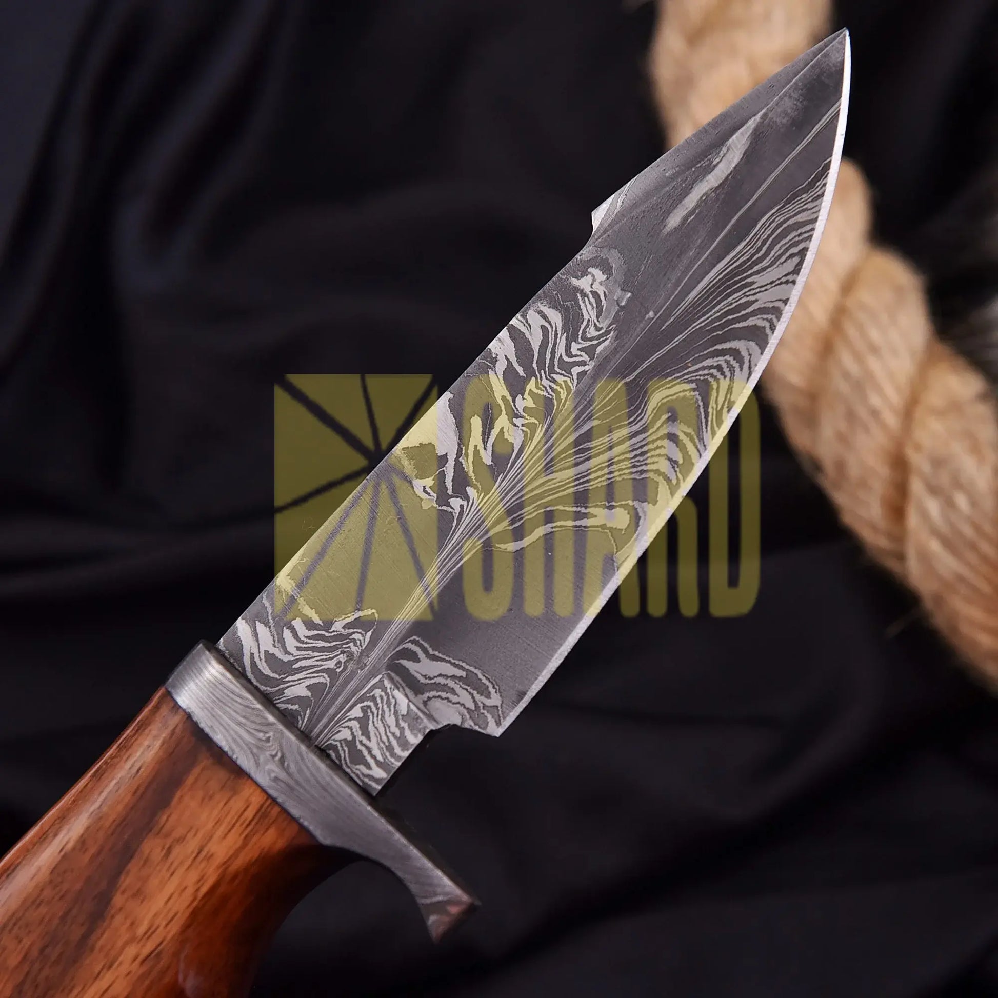 Heritage Damascus collectible with feather pattern Damascus steel and natural wood handle