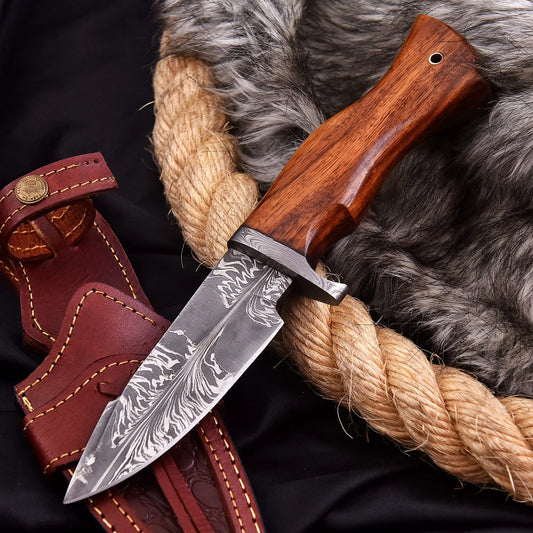Heritage Damascus collectible with feather pattern Damascus steel and natural wood handle